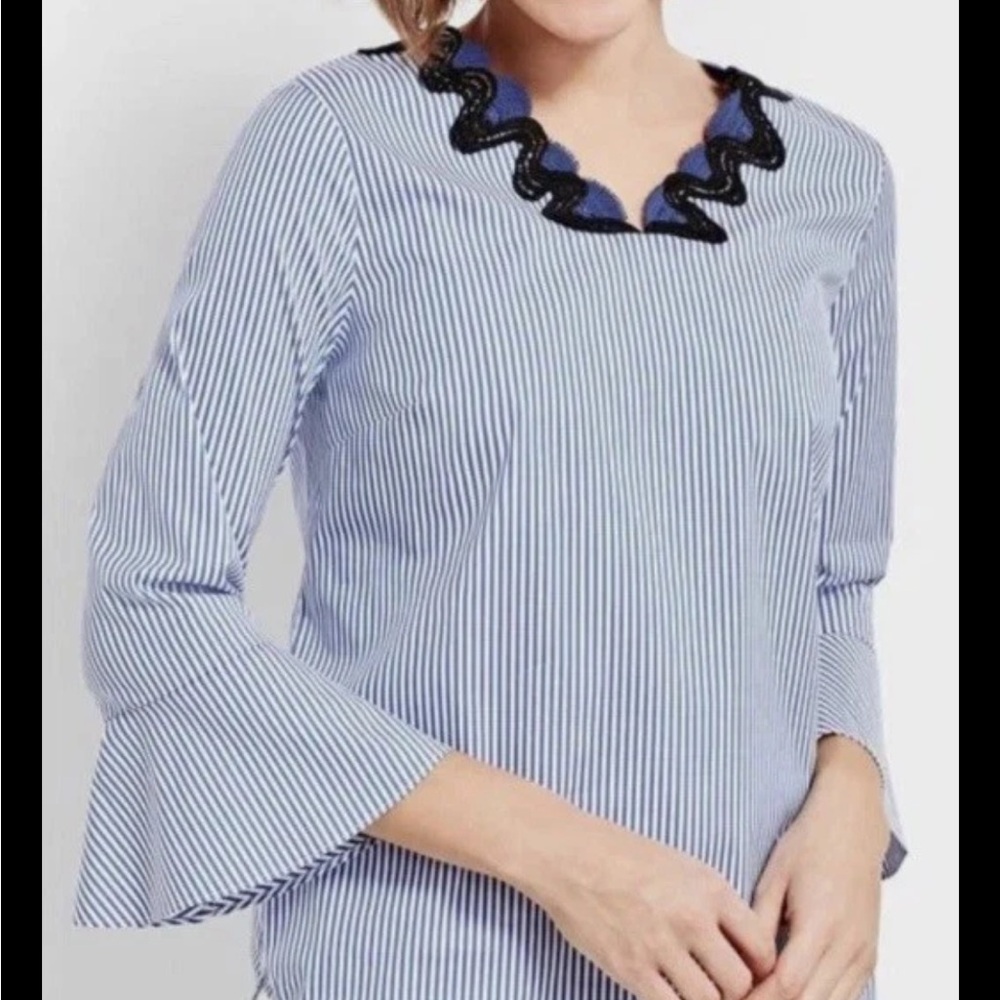 Talbots Top Blouse Size Large Embroidered Trim Bell Sleeves Cottagecore Coastal